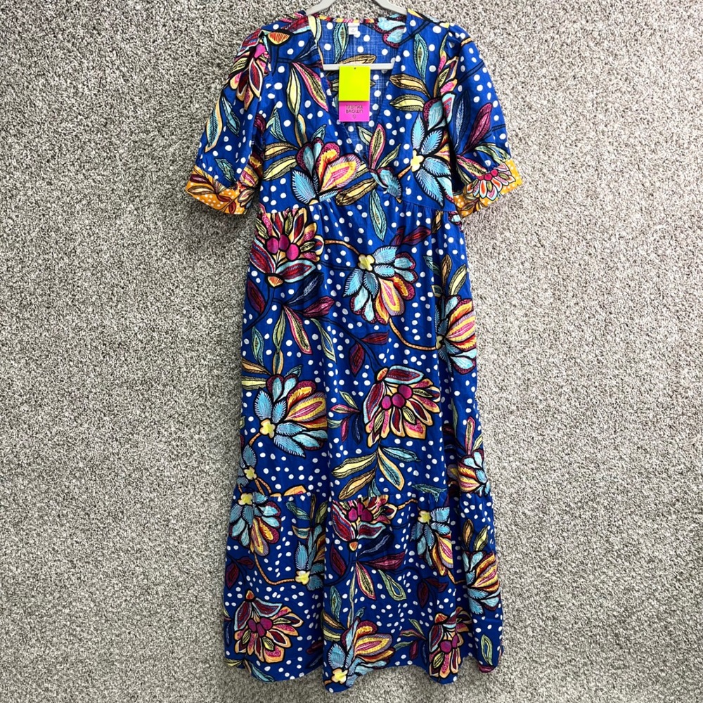 Tabitha Brown Dress Womens 8 Blue Floral & Polka Dot V-Neck Puff Sleeve Maxi NWT